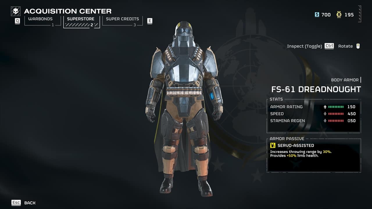 Helldivers 2 best armor: The FS-61 Dreadnought suit in the game's armory. Image captured by VideoGamer.