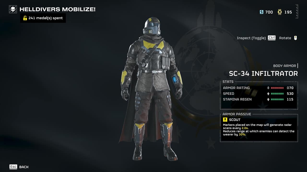 Helldivers 2 best armor: The SC-34 Infiltrator suit in the game's armory. Image captured by VideoGamer.