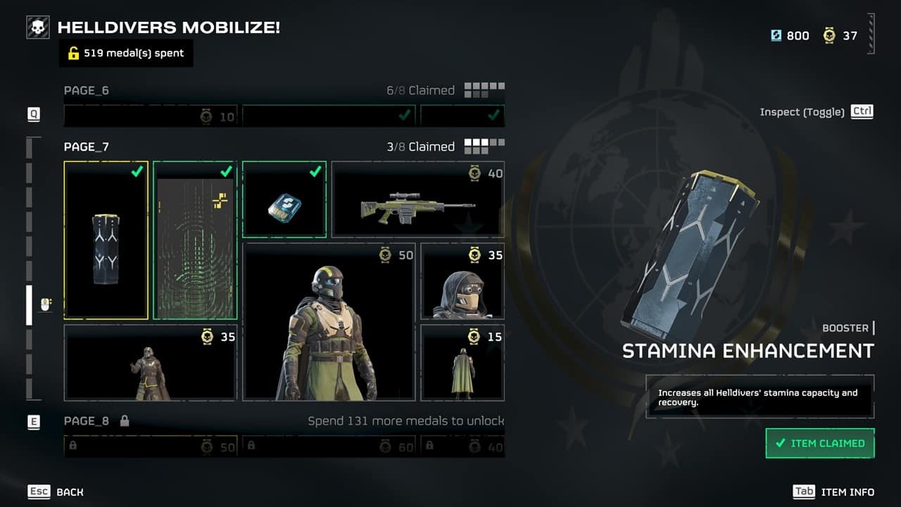 Helldivers 2 best boosters: The Stamina Enhancement booster in the game. Image captured by VideoGamer.