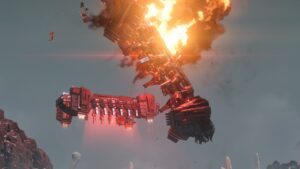 Helldivers 2 best stratagems: A destroyed troop carrier in the game. Image captured by VideoGamer.