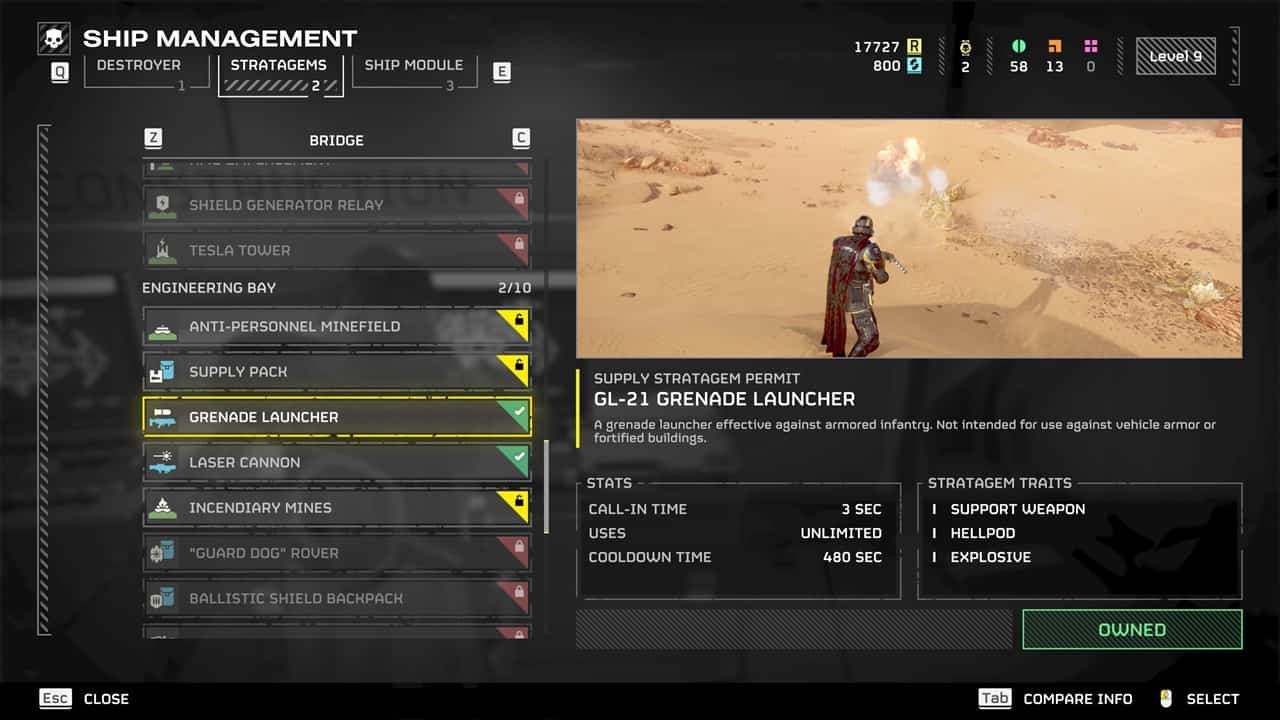 Helldivers 2 best weapon tier list: The GL-21 Grenade Launcher in the game's ship management menu. Image captured by VideoGamer.