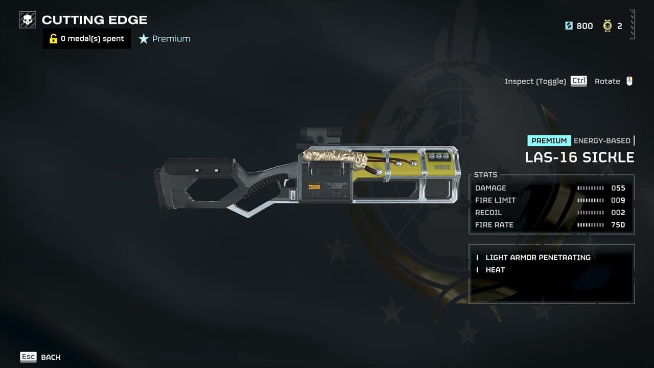 Helldivers 2 best weapon tier list: The LAS-16 Sickle in the game's acquisitions menu. Image captured by VideoGamer.