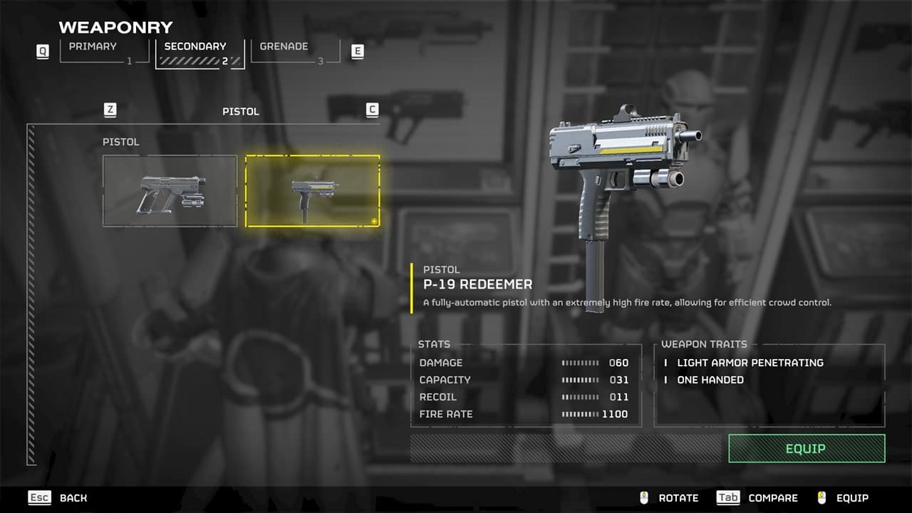 Helldivers 2 best weapon tier list: The P-19 Redeemer pistol in the game's armory menu. Image captured by VideoGamer.