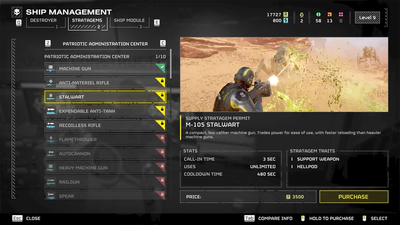 Helldivers 2 best weapon tier list: The Stalwart in the game's ship management menu. Image captured by VideoGamer.