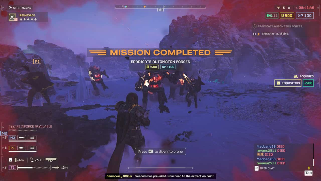 Helldivers 2 level up fast: A team finishes an Eradicate mission in the game. Image captured by VideoGamer.