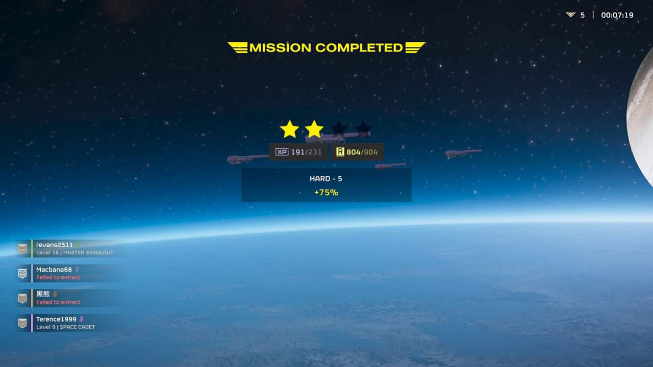 Helldivers 2 level up fast: A player's mission end screen with bonus XP displayed. Image captured by VideoGamer.
