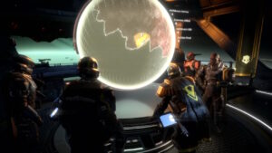 Helldivers 2 players gathered around a glowing globe map