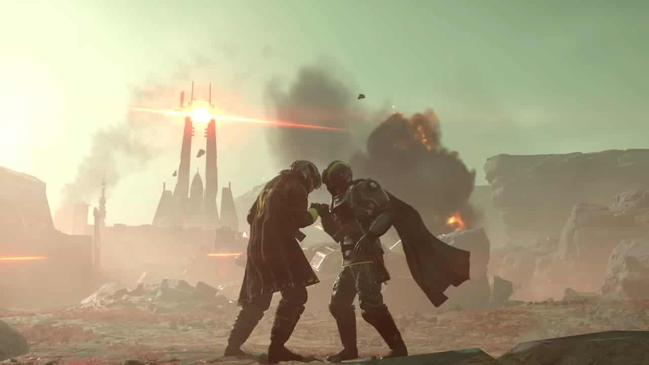 Helldivers 2 crossplay: Two soldiers bump heads on the battlefield. Image via Arrowhead Game Studios.