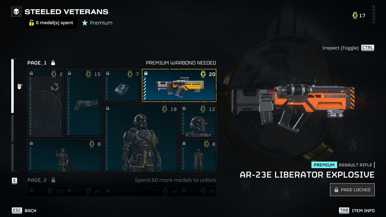 Interface of "Helldivers 2" video game showing a selection of items and characters, with a highlighted AR-23E Liberator explosive assault rifle.