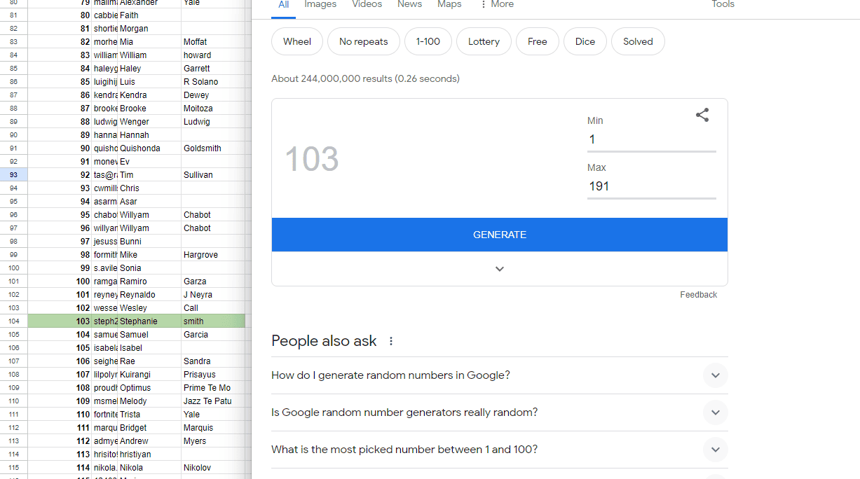 Screenshot of a random number generator in a Google search result displaying the number 103 and options to generate numbers between 1 and 1000, similar to generating V-bucks in Fortnite.