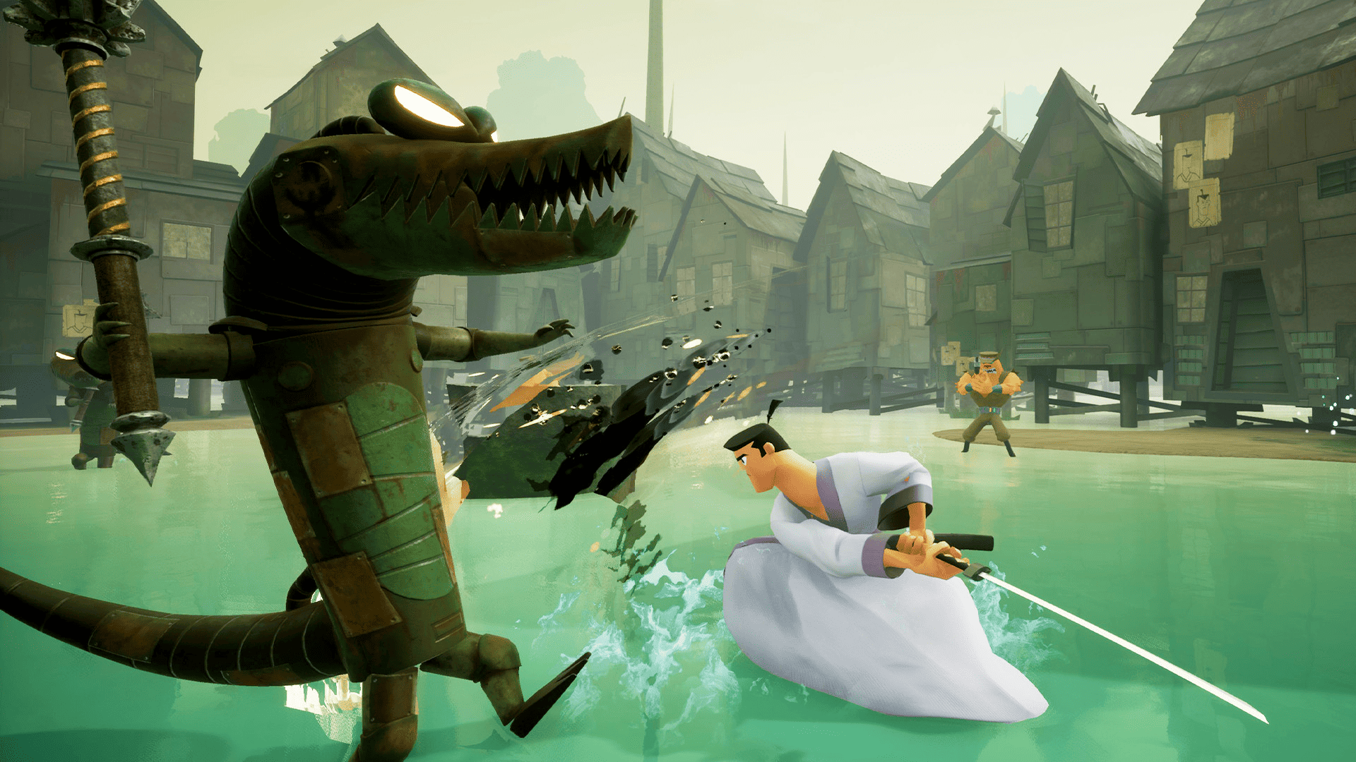 In the water, a man wields a sword while facing a crocodile.