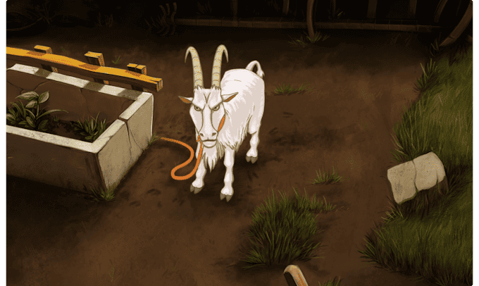 A white goat with a bell around its neck standing in a farmyard, embodying the surprise inspiration from Candy Crush as it challenges developers to 'reinvent the Adventure' game.