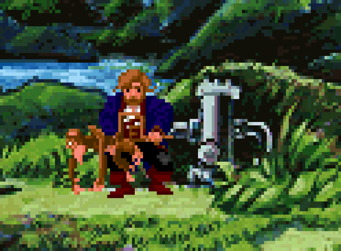 Pixel art scene of a man and a monkey next to a broken-down, futuristic motorcycle in a jungle, reminiscent of the adventure theme from "Broken Sword: Reforged".