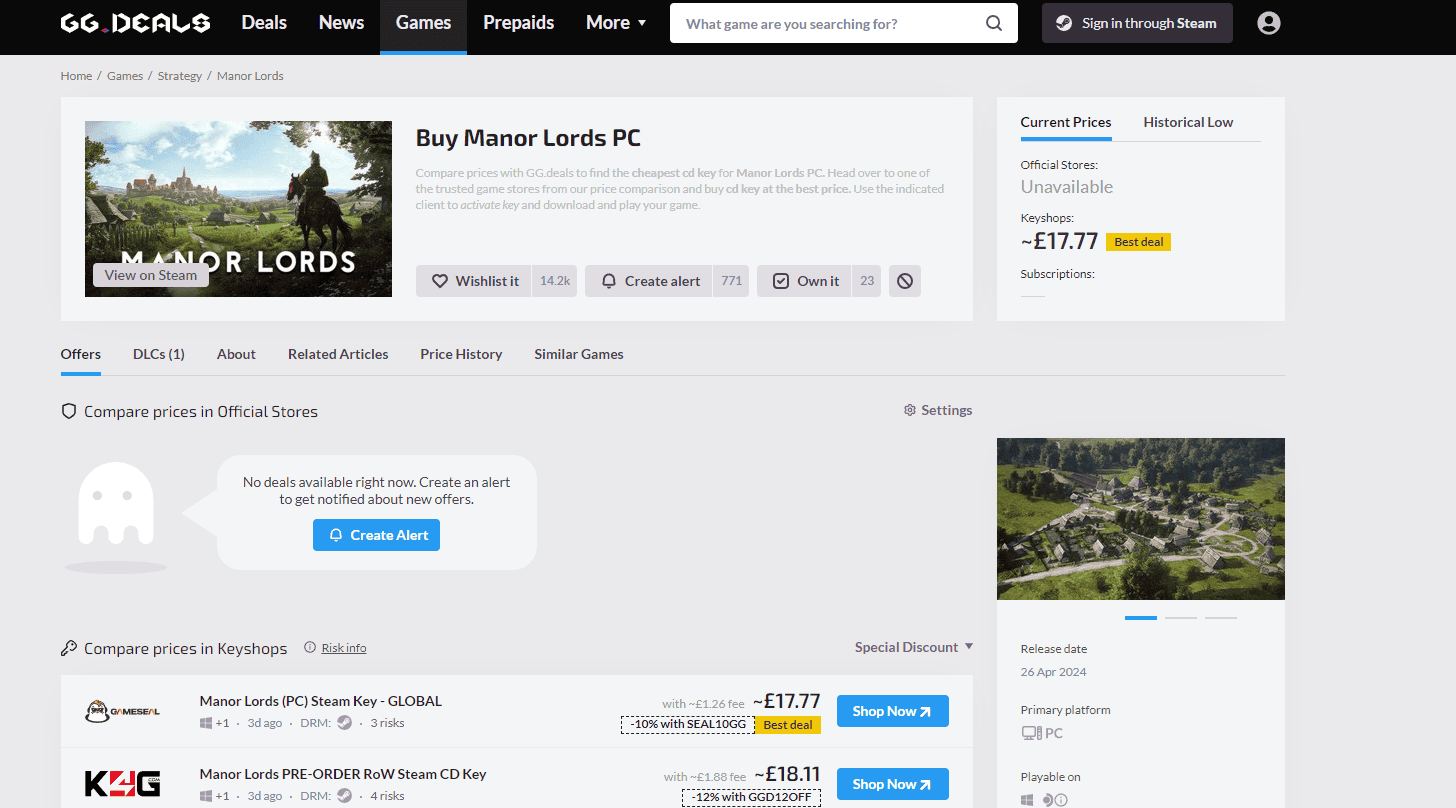 Screenshot of a gog.com webpage displaying game deals including Manor Lords with title banners, prices, discount percentages explained, and user interface elements for account and cart management.