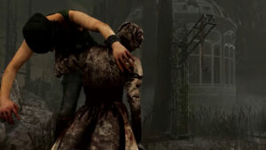 Does Dead by Daylight have split screen co-op: A killer carries an injured survivor to a hook.