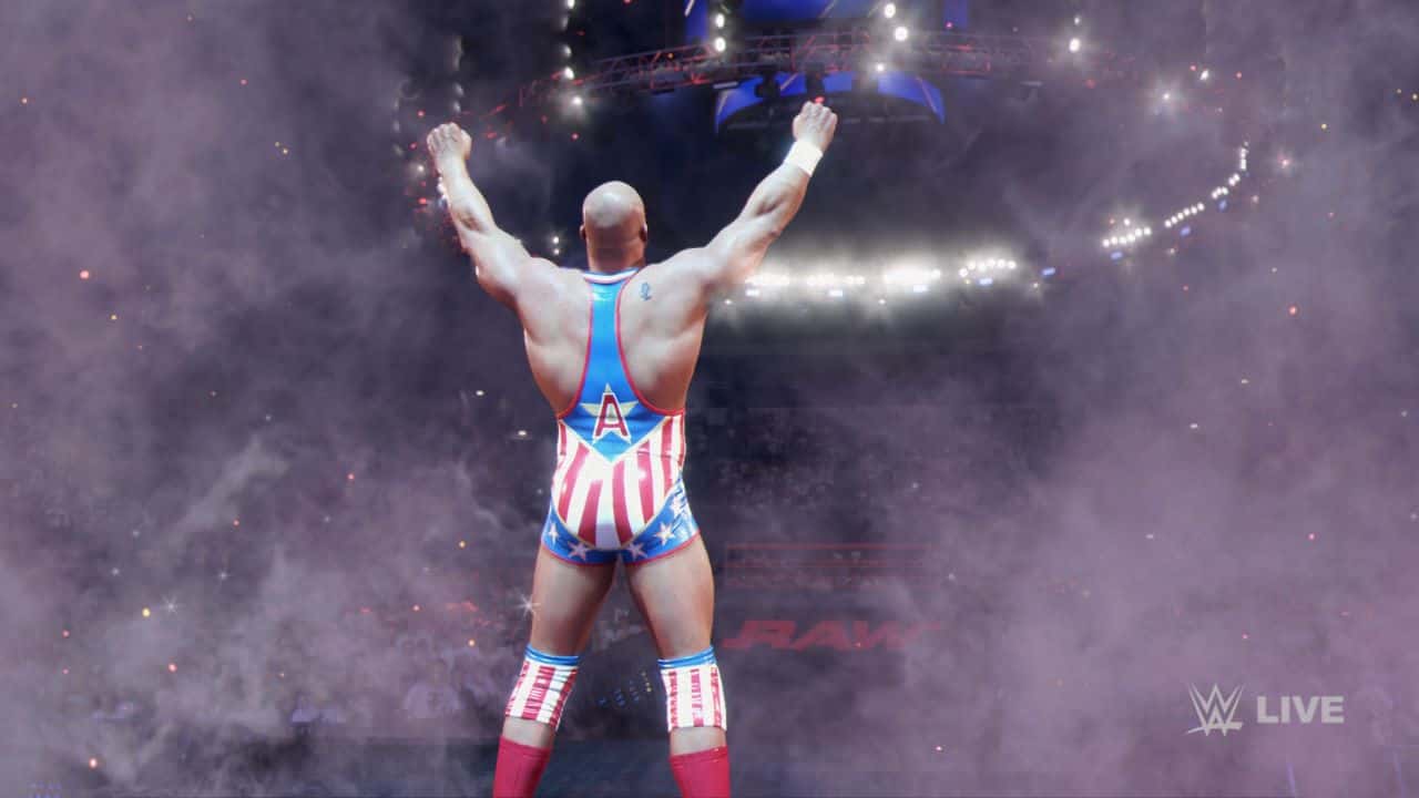 Kurt Angle Signatures and Finishers in WWE 2K24: Kurt Angle posing for the crowd