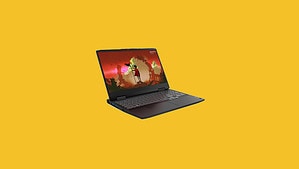 A laptop for Cyberpunk 2077 displayed on a vibrant yellow background.