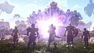 A group of characters in Last Epoch face a purple light