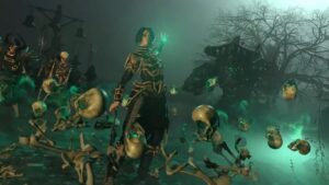 A necromancer in Last Epoch surrounded by skulls
