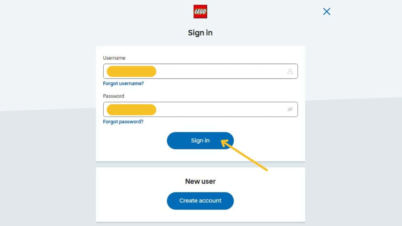 Lego website log in account screen