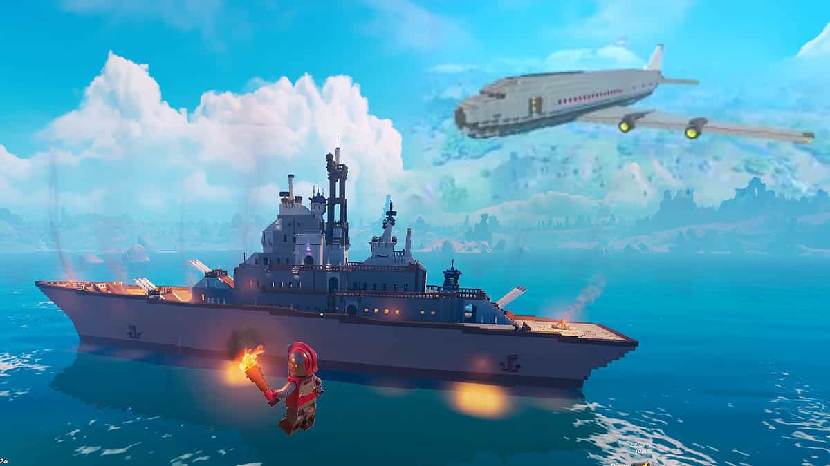 A Lego ship in the ocean with a plane flying over it.