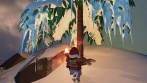 A man is standing on a snowy hill cutting down a fir tree for Frostpine in LEGO Fortnite. Image captured by VideoGamer.
