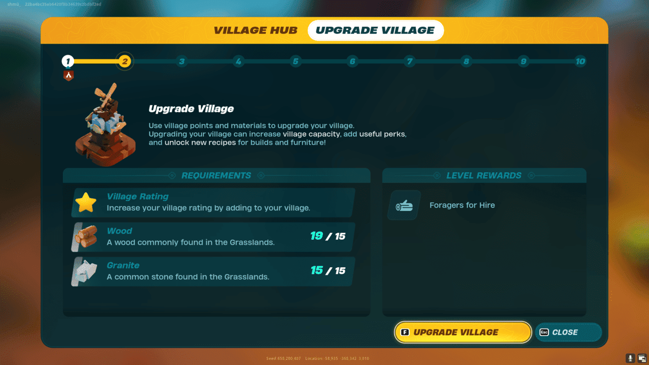 LEGO Fortnite how to upgrade village: The village upgrade menu in the Village Hub