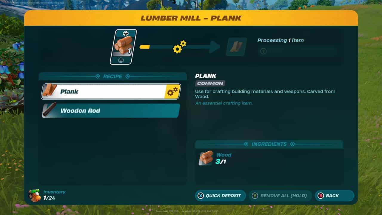 Create planks at the Lumber Mill in LEGO Fortnite. Image captured by VideoGamer.