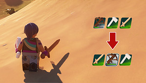 A lego character with a sword in the desert, equipped for repair.