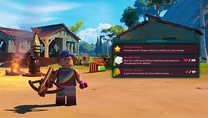 A screenshot of a Lego character in front of a village, showcasing the LEGO Fortnite village upgrade requirements and explaining how to meet them.
