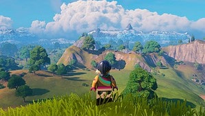 A girl is standing on a grassy hill in a video game, enjoying the picturesque landscape.