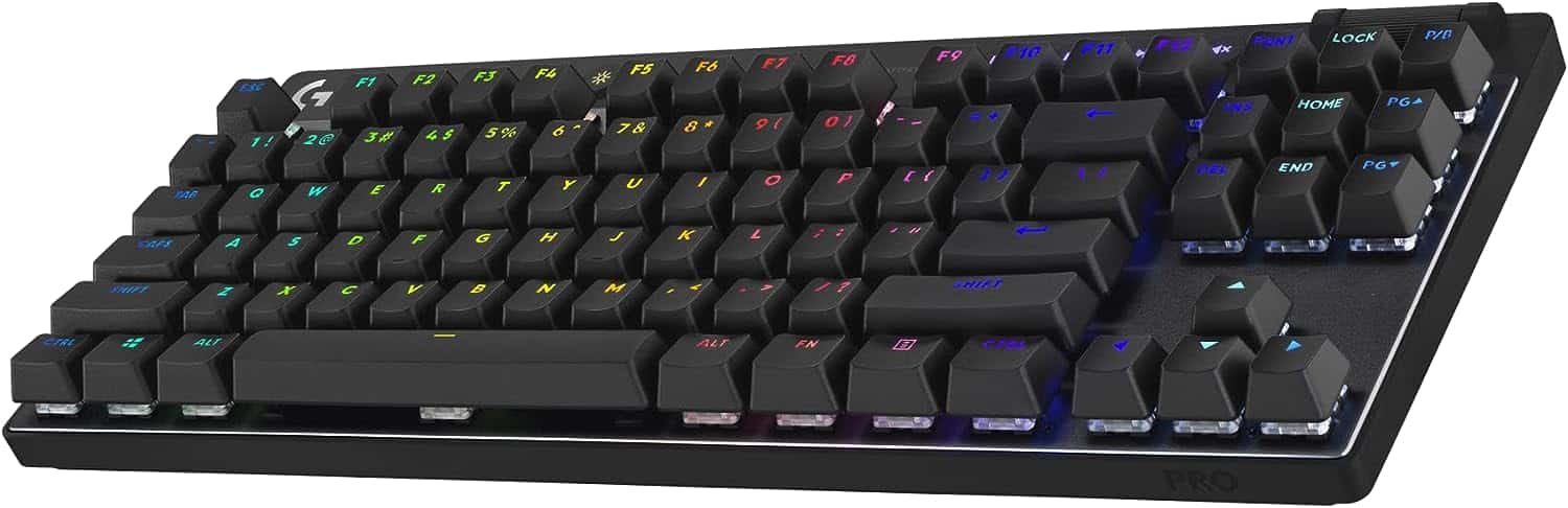 A Logitech black keyboard with multi colored keys.