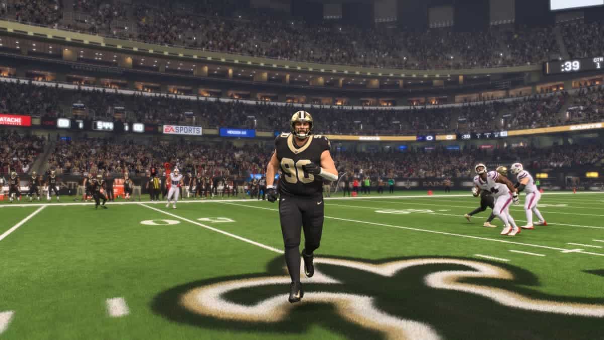 The Madden 24 player model for the New Orleans Saints is running on the field.