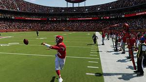 An NFL quarterback demonstrating a lateral pitch play in Madden 24.