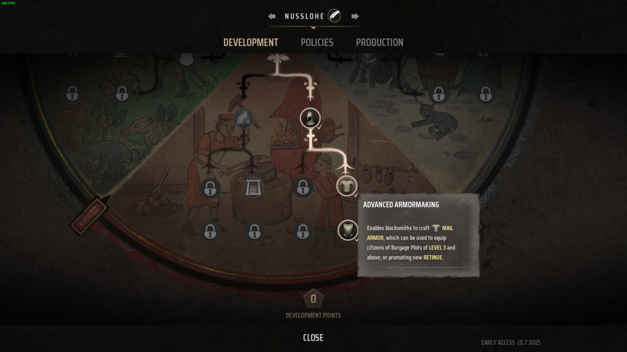 Manor Lords army: skill tree with armormaking upgrades highlighted.