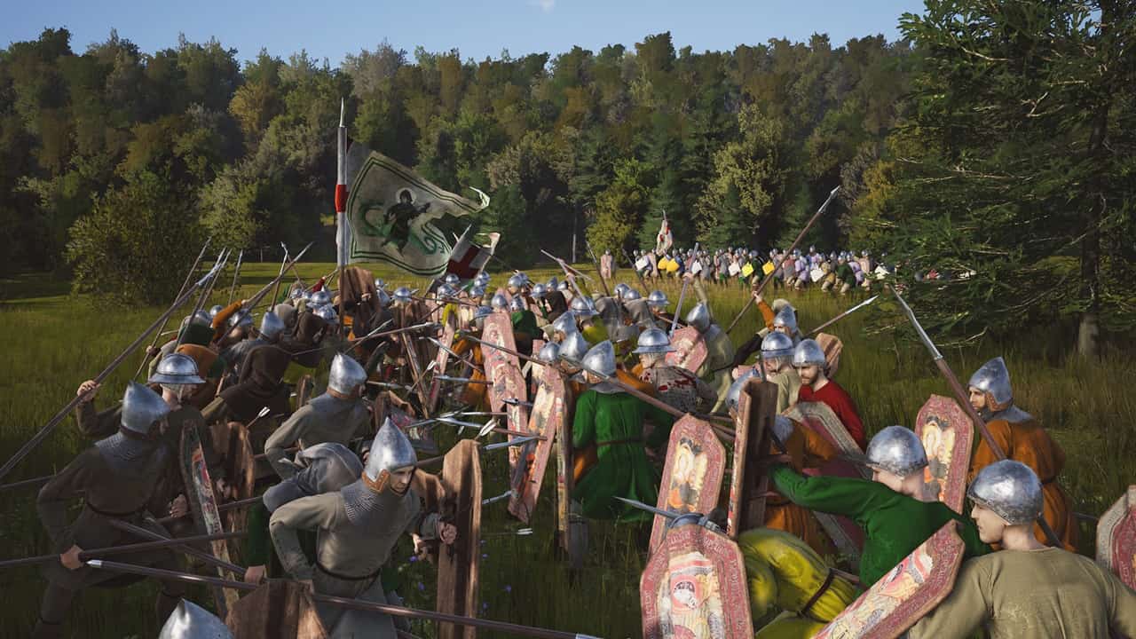 Manor Lords release date: Warriors fight with spears and swords in the game. Image via Slavic Magic.