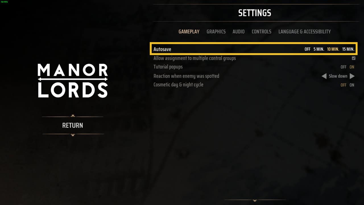 Manor Lords how to save: gameplay settings menu with autosave frequency highlighted in yellow.