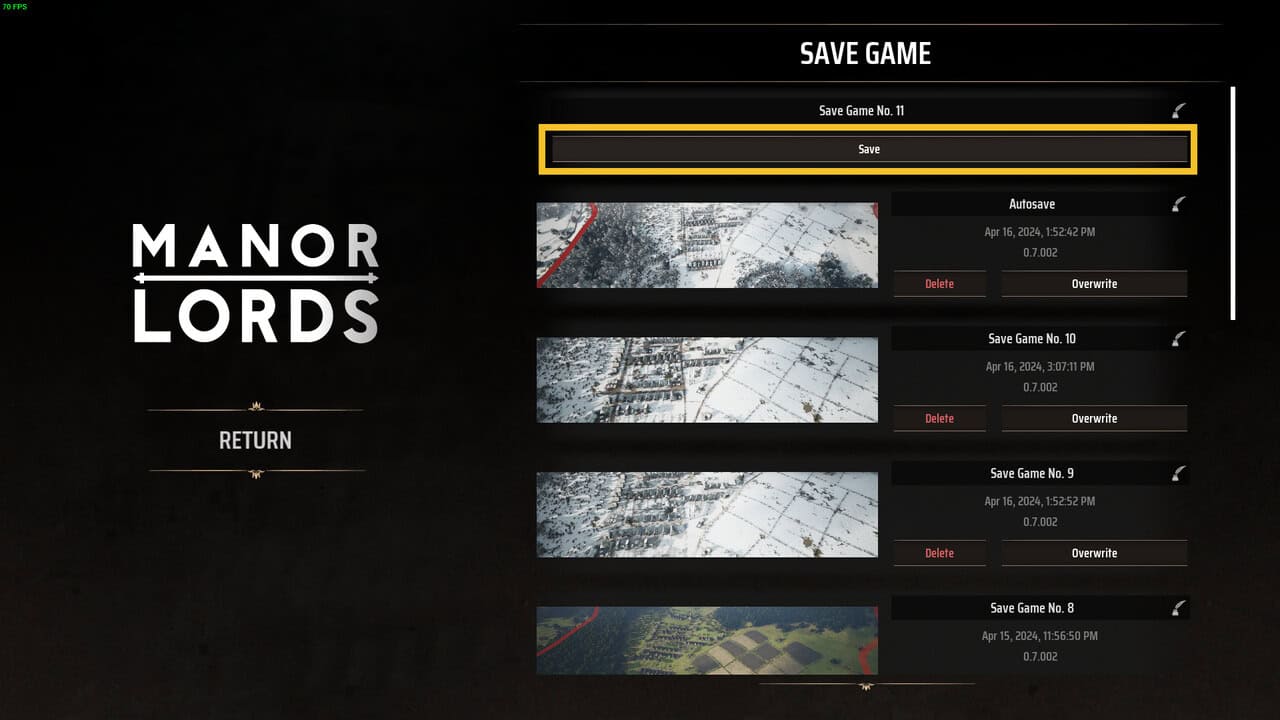 Manor Lords how to save: save game menu in the pause menu.