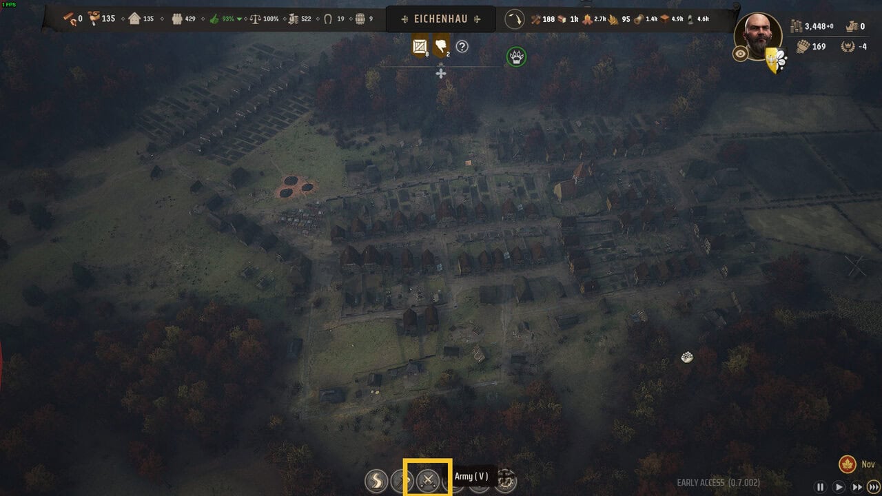 Manor Lords trophies achievements: aerial view of a village with a crossing swords icon highlighted.