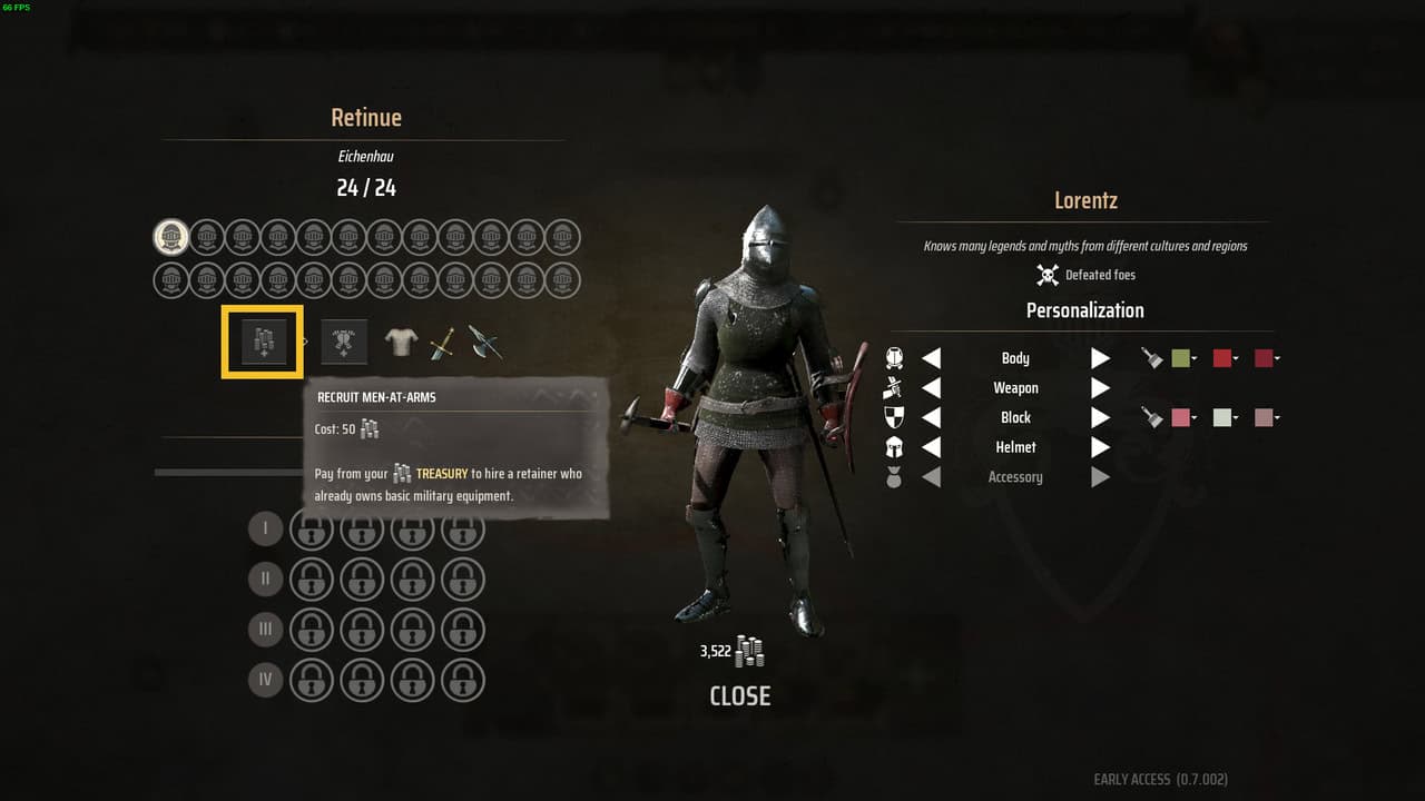 Manor Lords trophies achievements: customization menu with a knight in armor.