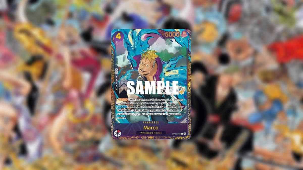 A "Marco" character trading card from the Most expensive One Piece TCG cards and price guide (2024), displayed in focus against a blurred background of other cards.