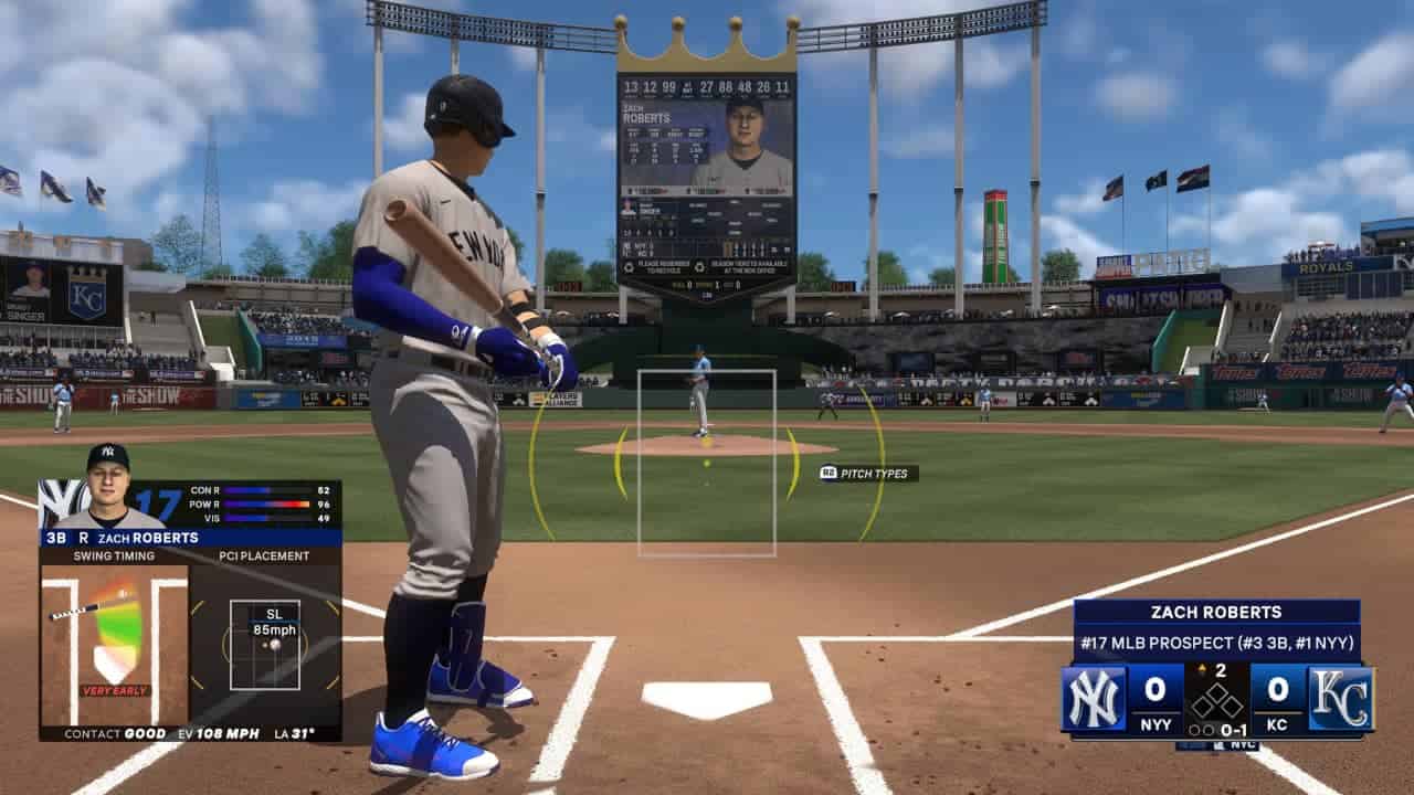 How to hit better mlb the show 24: Player stands at the plate with the hitting interface