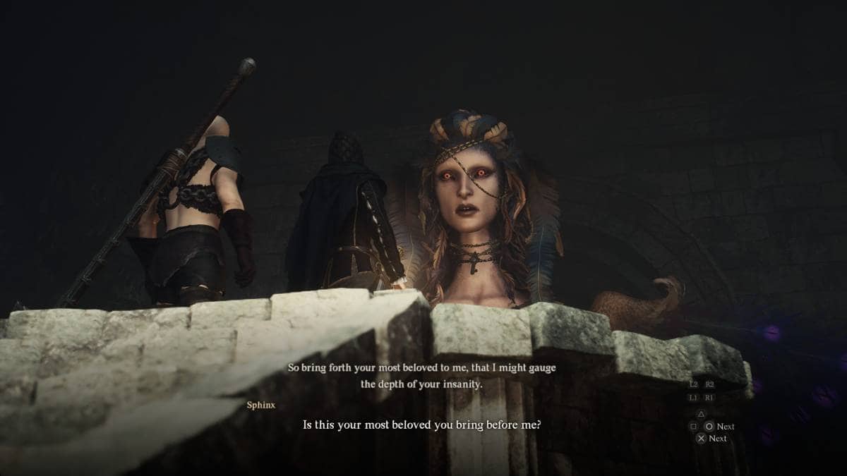A character interaction from Dragon's Dogma 2 featuring a person in armor speaking to a mysterious figure with a feathered headpiece.