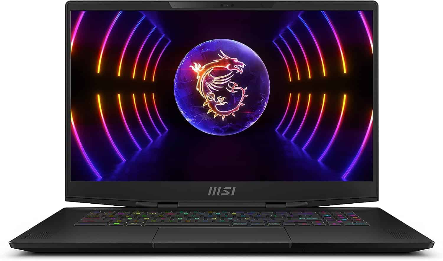 A black MSI Stealth 17 Studio gaming laptop with a neon light on it.