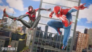 Spider-Man 2 preload: miles and peter parking posing in the air.