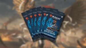 A pack of Magic the Gathering booster packs, featuring the Murders at Karlov Manor draft guide.