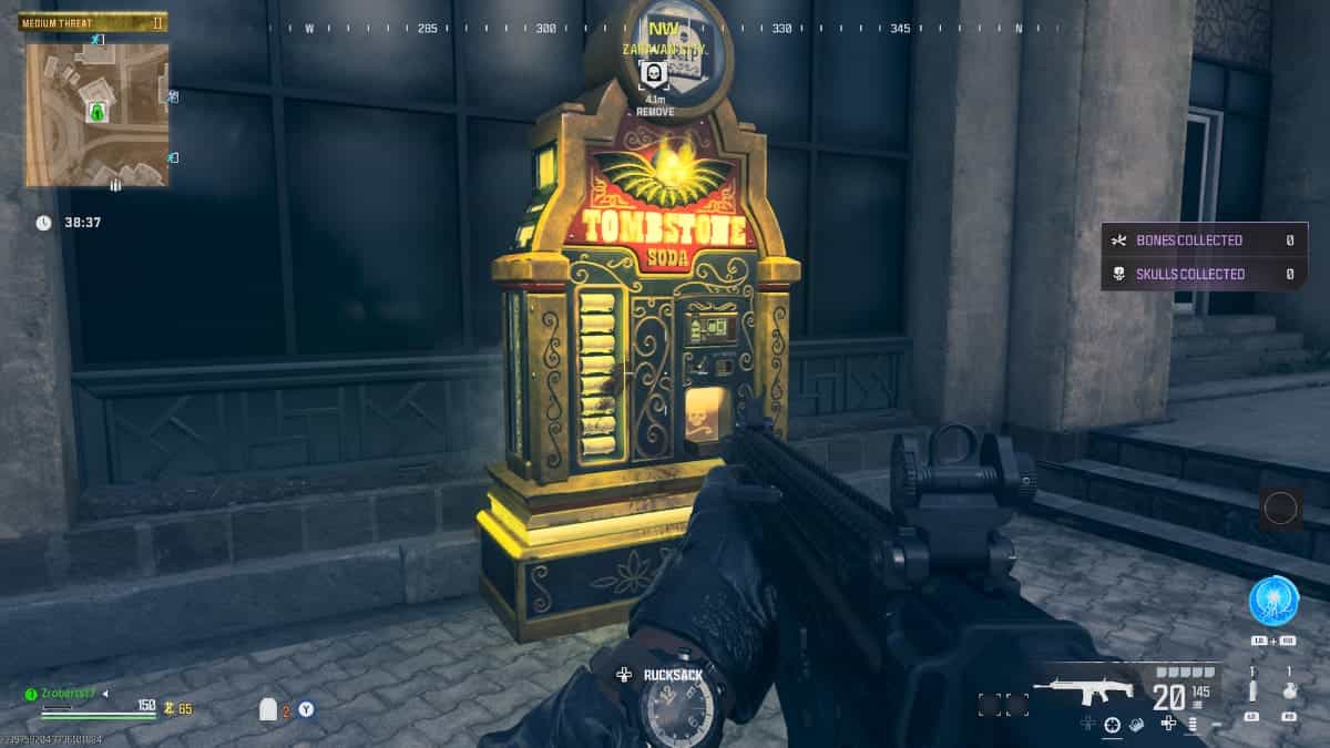A video game with a gun in front of a slot machine showcasing the new Tombstone glitch in MW3 Zombies.