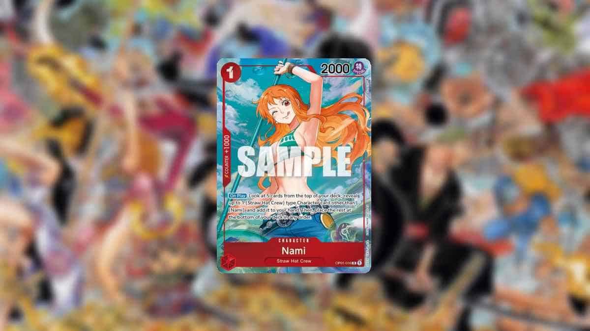 A trading card featuring the character Nami from "One Piece" is in focus against a blurred background of assorted trading cards, including some of the most expensive One Piece TCG cards according to the 