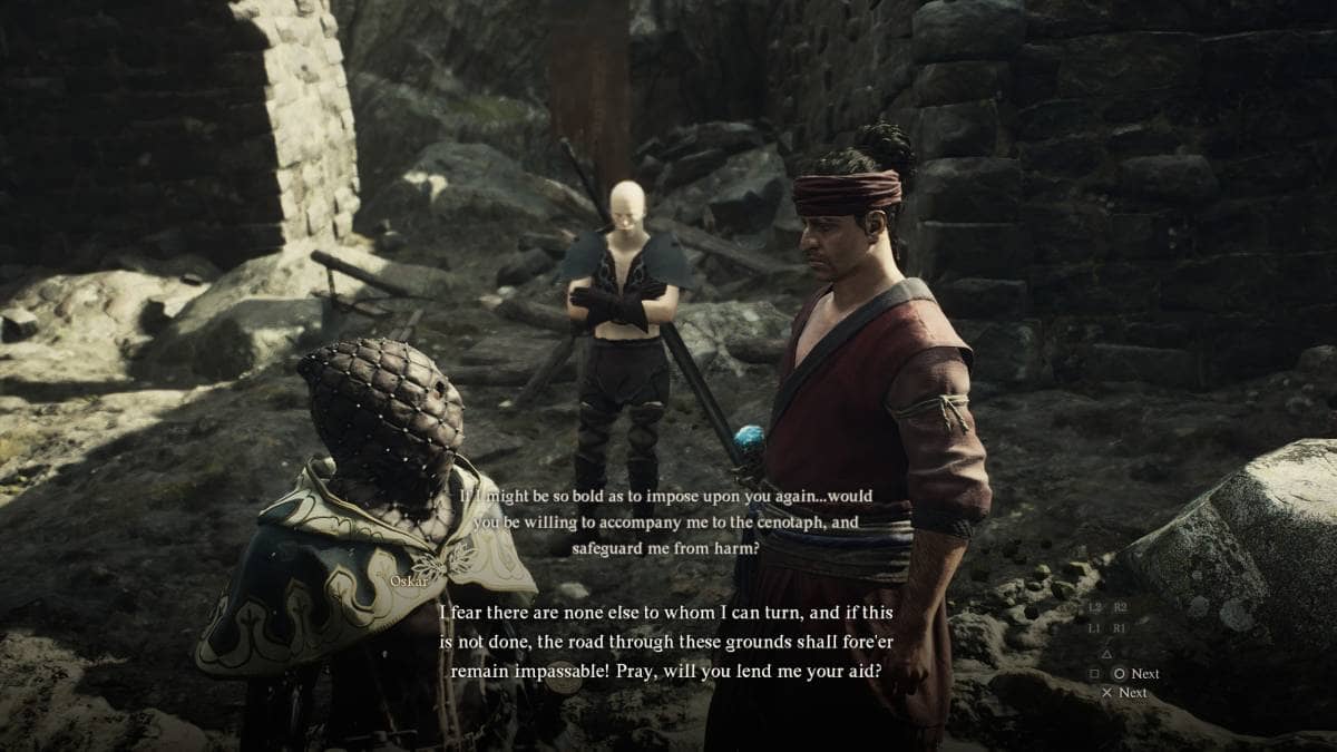 how to find the Mountain Shrine Two video game characters engage in a dialogue in a rocky environment, with the text of their conversation about Dragon's Dogma 2 Sphinx riddle solutions displayed at the bottom of the screen.