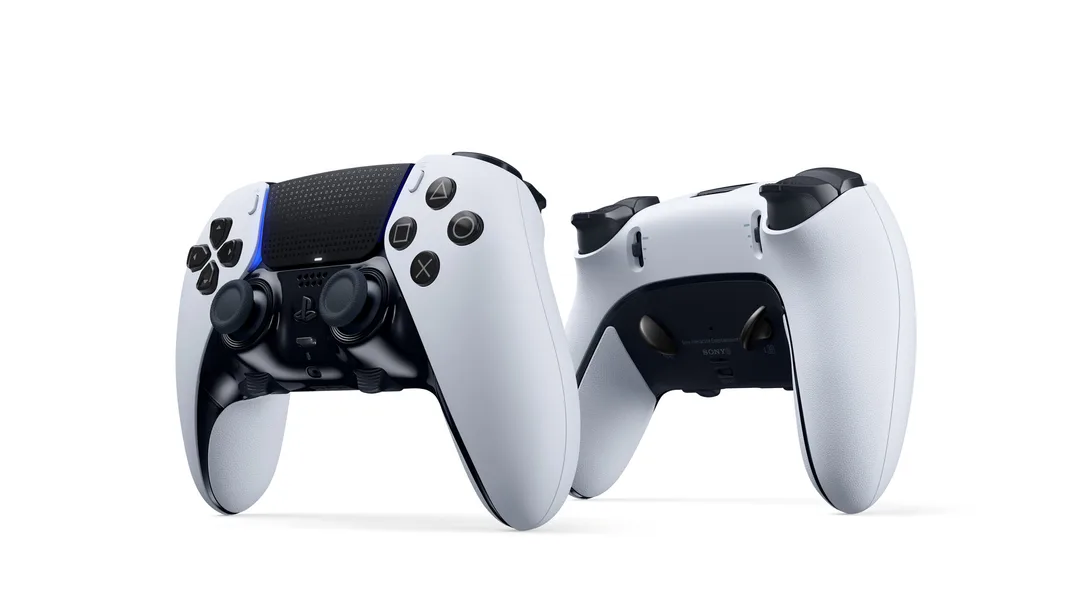 Two PlayStation DualSense controllers on a white background.